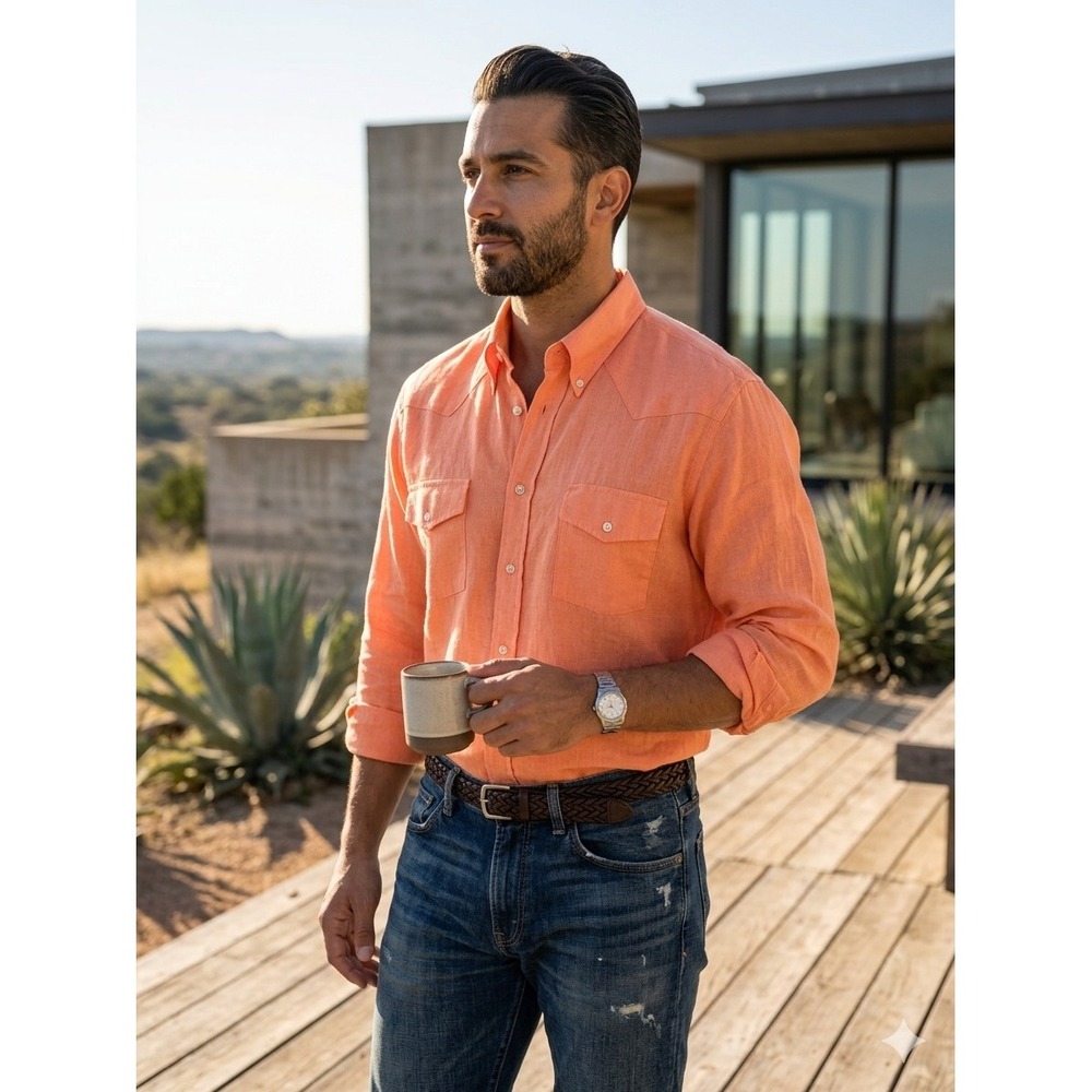 Turrau Spain Men L Linen Blend Western Shirt Coral Orange Melon Yoke Long Sleeve